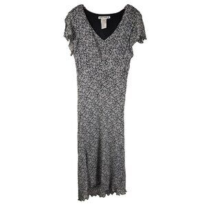 ​Y2K A.M.I. Black White Floral Maxi Dress L Rayon V-Neck Ruffle Cap‎ Sleeve...
